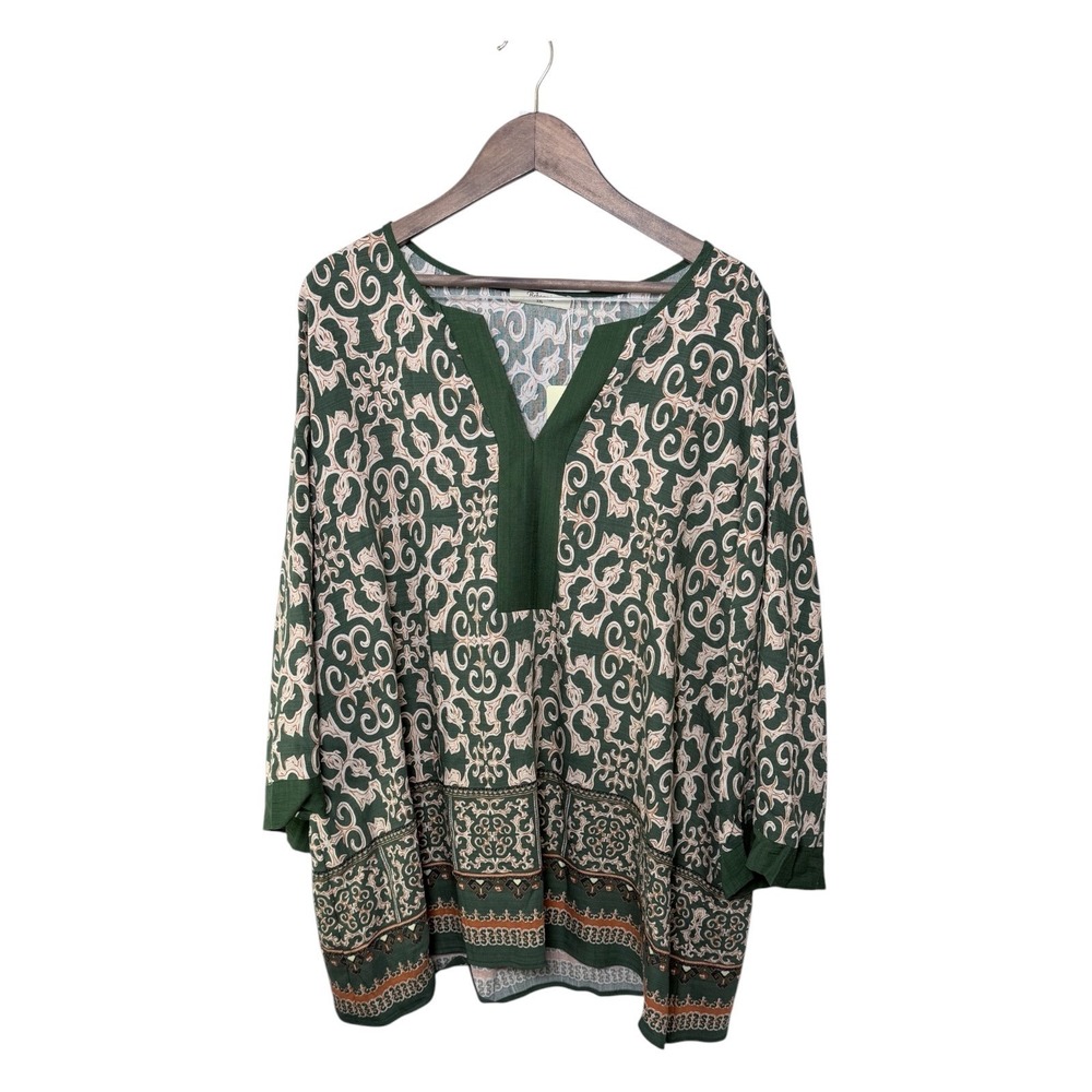 Bebonnie Tunic Top Women XXL Green Damask Print Split V-Neck 3/4 Sleeve Blouse